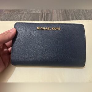 Michael Kors Navy Textured Saffiano Zip Wallet with Gold Logo